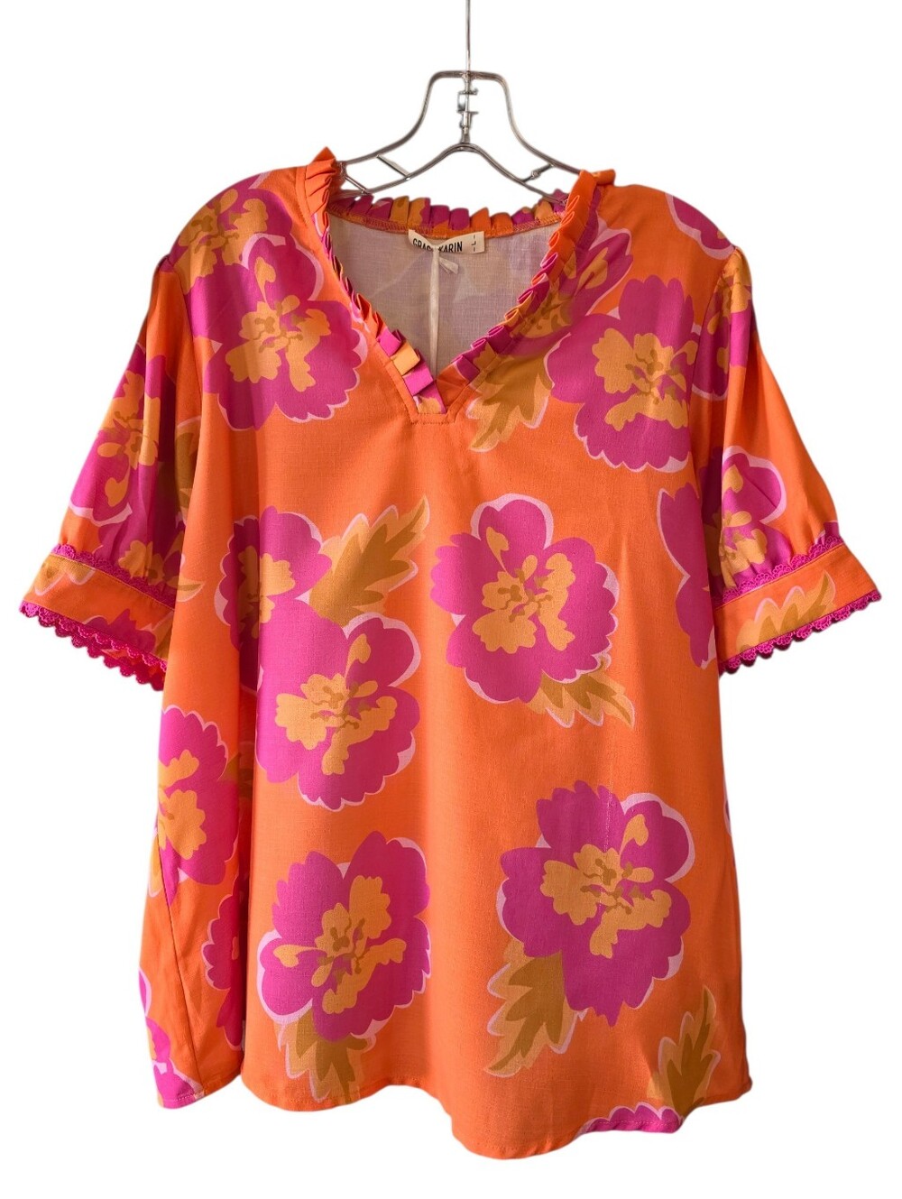 Grace Karin Colorful Orange Tunic with Pink & Gold Floral Print Size Large